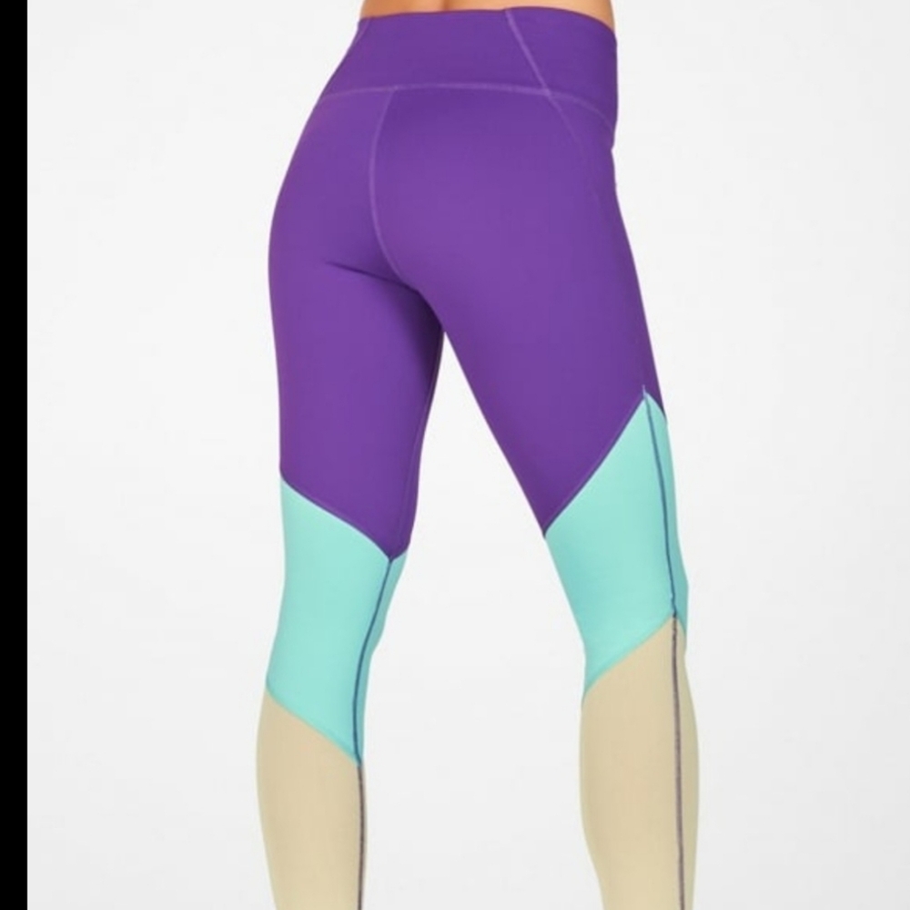 Fabletics Purple Leggings and Aqua Sports Bra Set